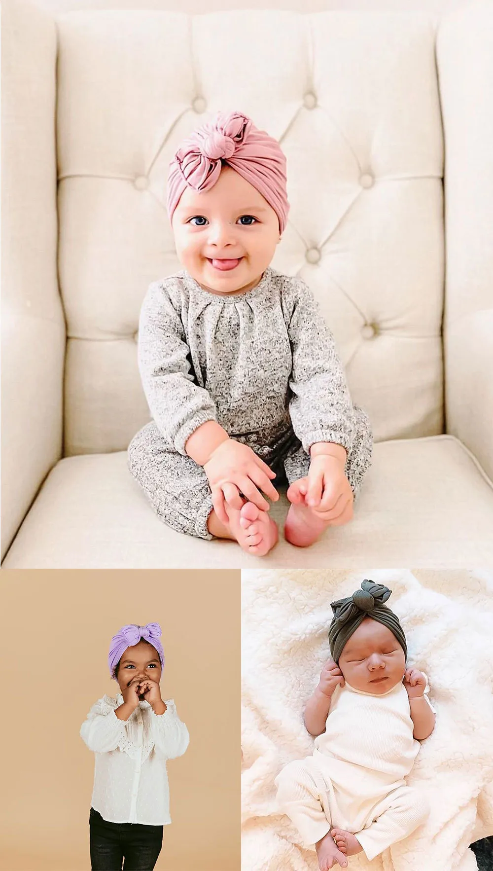 3 bébés avec bonnets turban Petibou 9 coloris